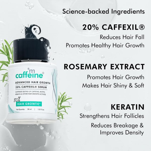 mCaffeine Serum With 20% Caffexil Advanced, Biotin, Keratin & Rosemary | 80% Hair Growth, Increase Density & Control Fall | Nourishes Roots | For Women & Men - 30 Ml,