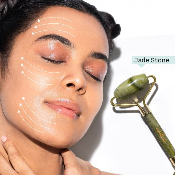 mCaffeine Jade Roller Face Massager | Improves Skin Elasticity, Reduces Puffiness & Wrinkles, Eases Fine Lines and Boosts Blood Circulation | For Men & Women | Made of Natural Energizing Jade Stone