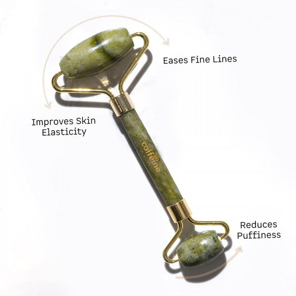mCaffeine Jade Roller Face Massager | Improves Skin Elasticity, Reduces Puffiness & Wrinkles, Eases Fine Lines and Boosts Blood Circulation | For Men & Women | Made of Natural Energizing Jade Stone