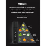 Black Envy perfume bottle with fragrance pyramid and notes on a black background