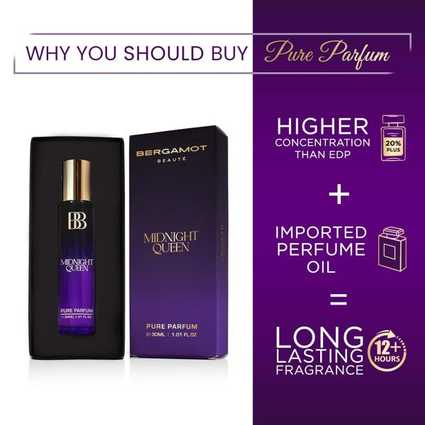 Bergamot Beaute MIDNIGHT QUEEN Pure Parfum | Orange, Caramel & Amber | 12+ Hrs Long Lasting Perfume for Women | Higher Concentration than EDP 30ML