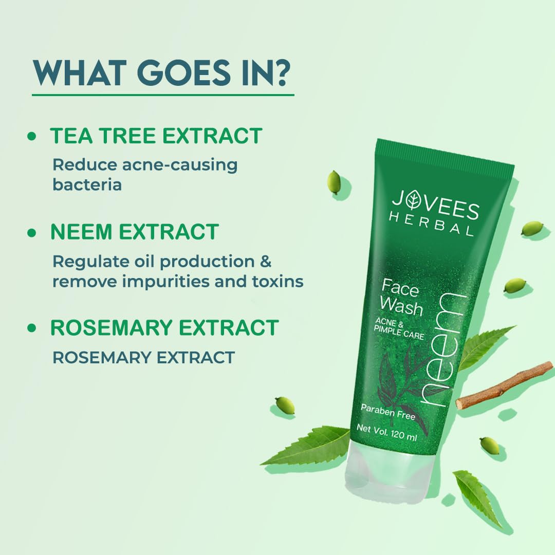 Jovees Herbal Neem Face Wash With Neem & Tea Tree Extracts | For Oily & Acne Prone Skin | Oil Control, Remove Impurities And Prevents Pimples For Men & Women | 120 ML