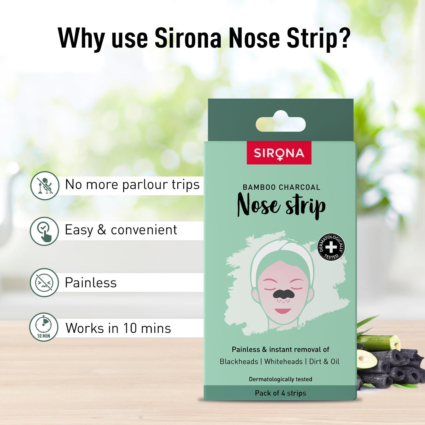 Sirona Blackhead Remover Bamboo Charcoal Nose Strips for Women – Pack of 4 | Painless & Instant Removal of Whiteheads, Blackheads, Pore Cleanser, Dirt & Oil