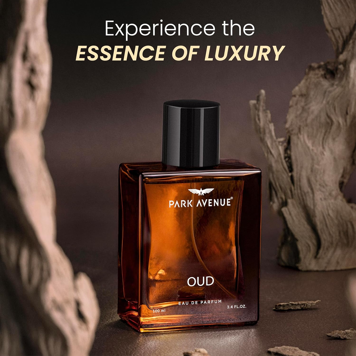 Close up of Park Avenue Oud perfume bottle premium men’s fragrance 100ml