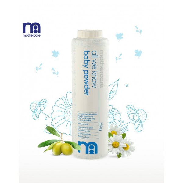 Mothercare All We Know Baby Powder 250g bottle for newborn baby skin care