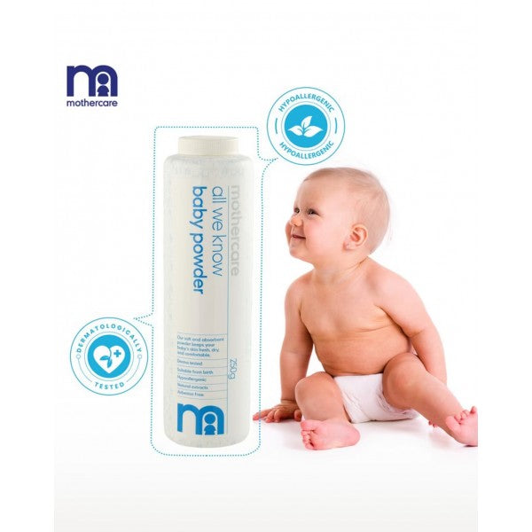 Mothercare All We Know Baby Powder 250g | Gentle, Hypoallergenic & Dermatologically Tested for Newborn Skin
