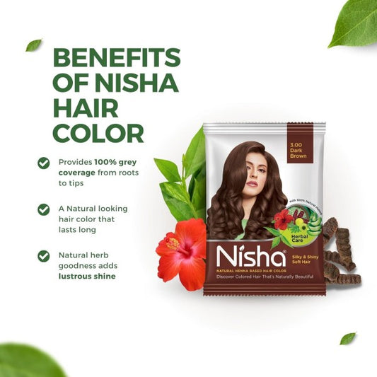 Nisha Natural Henna Powder For Hair Colour, 3.0 Dark Brown Hair Color, Herbal Conditioning Hair Dye for Silky & Shiny Soft Hair Colour for Men & Women