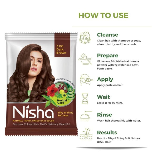 Nisha Natural Henna Powder For Hair Colour, 3.0 Dark Brown Hair Color, Herbal Conditioning Hair Dye for Silky & Shiny Soft Hair Colour for Men & Women