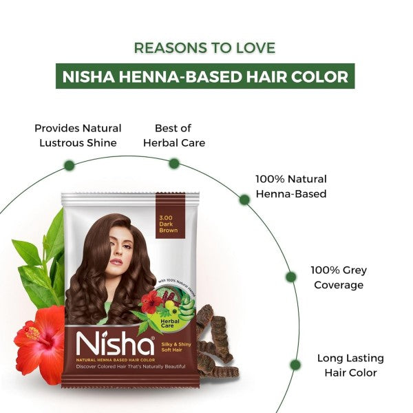 Nisha Natural Henna Powder For Hair Colour, 3.0 Dark Brown Hair Color, Herbal Conditioning Hair Dye for Silky & Shiny Soft Hair Colour for Men & Women