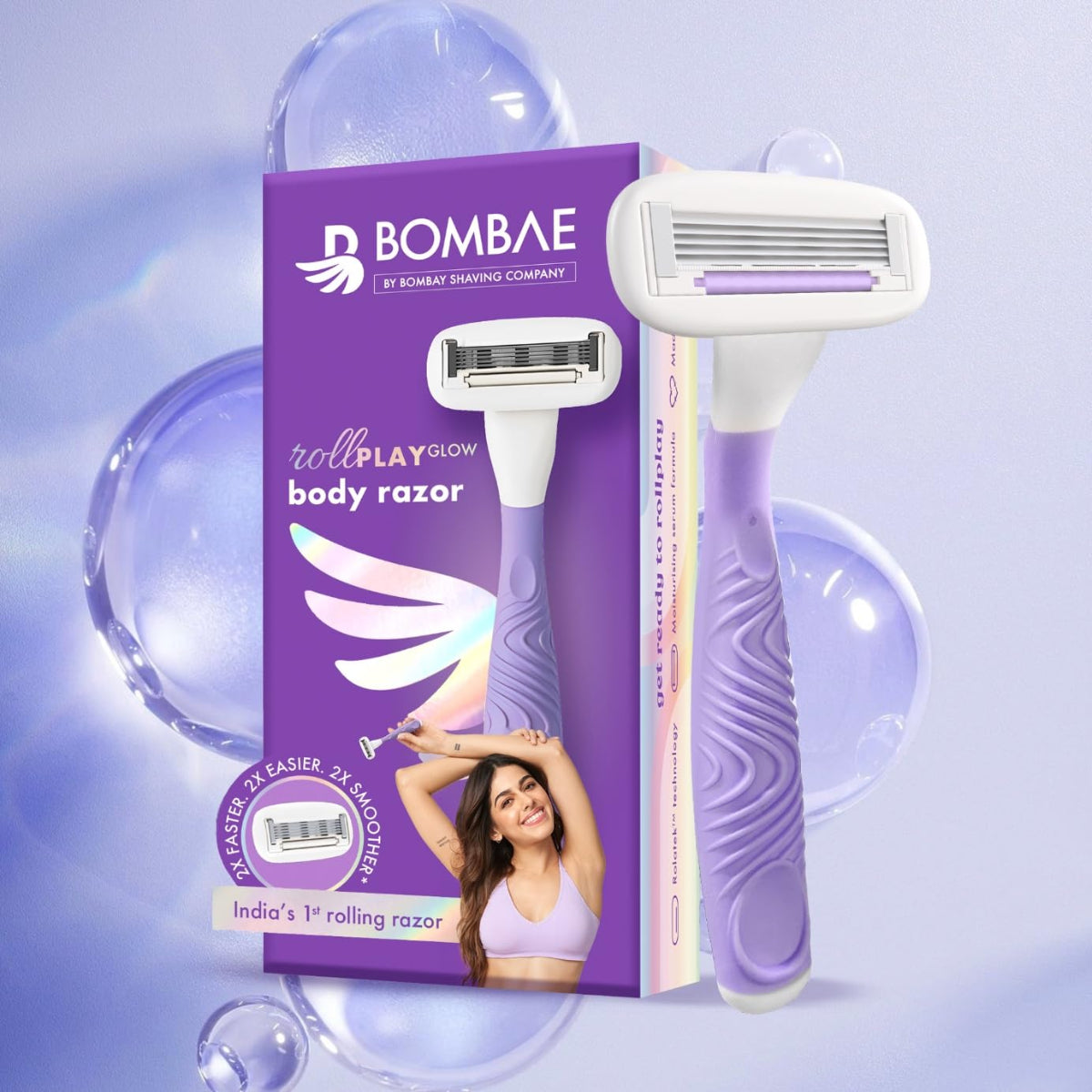 Bombae Rollplay Glow body and bikini razor with roller technology aloe vera vitamin E jojoba oil