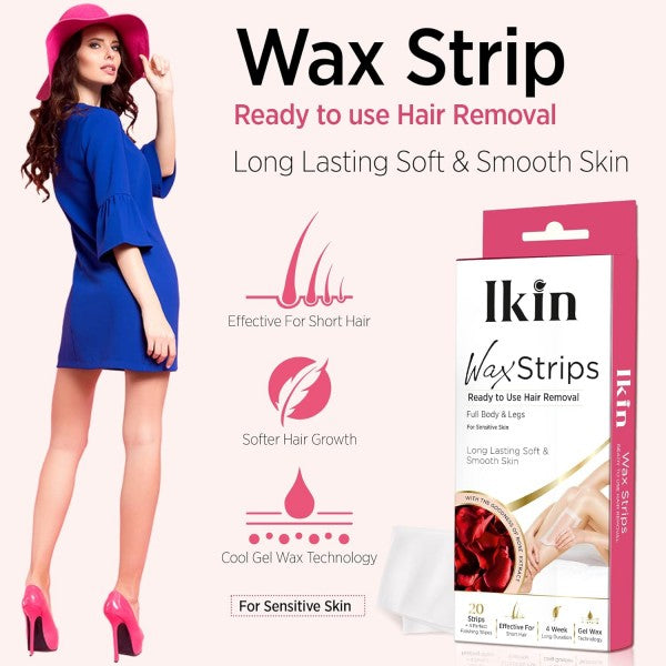 Ikin Instant Wax Strip with Rose Extract For Sensitive Skin - 20 strips | Long Lasting Soft & Smooth Skin | Cold Gel Wax Hair Removal | Upto 4 Weeks of Smoothness | With 4 Perfect Wet Wipes
