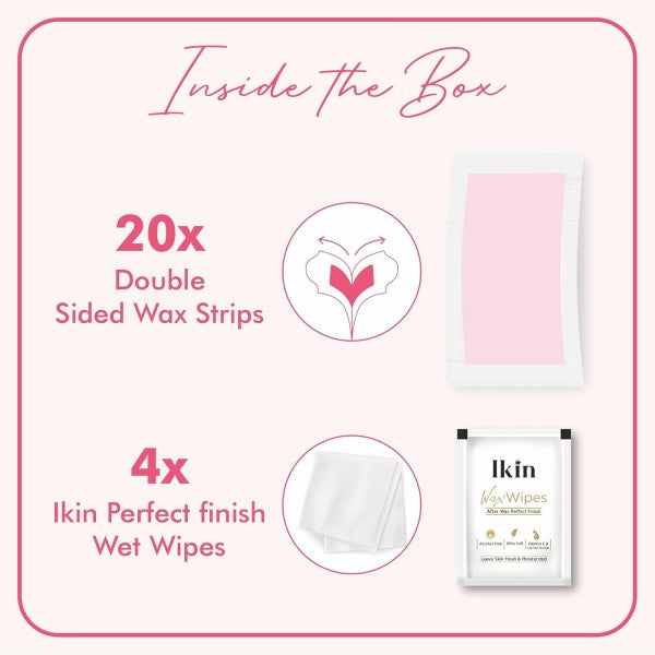 Ikin Instant Wax Strip with Rose Extract For Sensitive Skin - 20 strips | Long Lasting Soft & Smooth Skin | Cold Gel Wax Hair Removal | Upto 4 Weeks of Smoothness | With 4 Perfect Wet Wipes