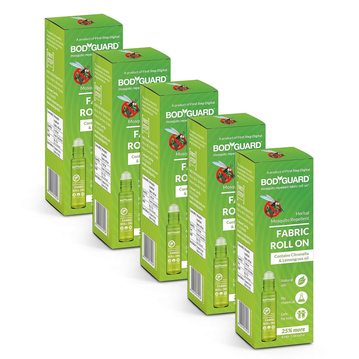 Bodyguard Fabric Roll On for Mosquito Repellent, 10 ml (Green, Pack of 5)