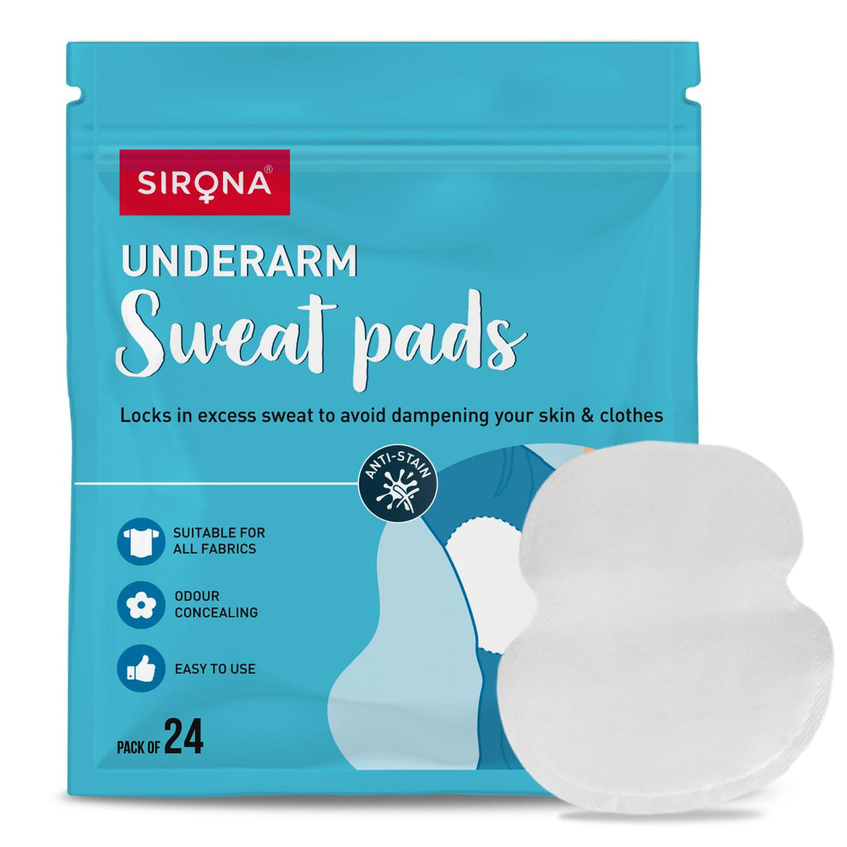 Sirona Disposable Underarm Sweat Pads for Men and Women, 24 Pads (Pack of 1) | Peel-off | Prevents Stains, Absorbs Sweat & Unpleasant Odour