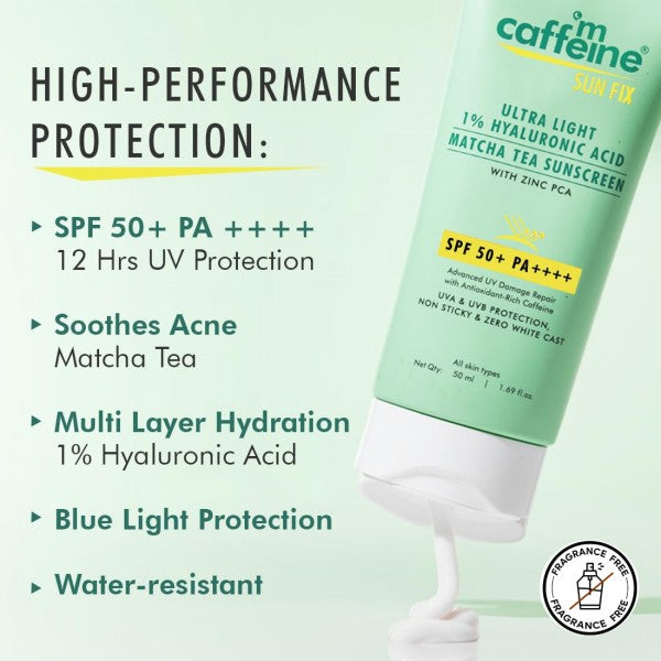 mCaffeine Sun Fix Ultra Light 1% Hyaluronic Acid Matcha Tea Sunscreen for All Skin Type Spf 50+ & Pa++++ Uva-Uvb & Blue Light Protection|No White Cast|Controls Oil|Non-Sticky|Fragrance Free - 50Ml