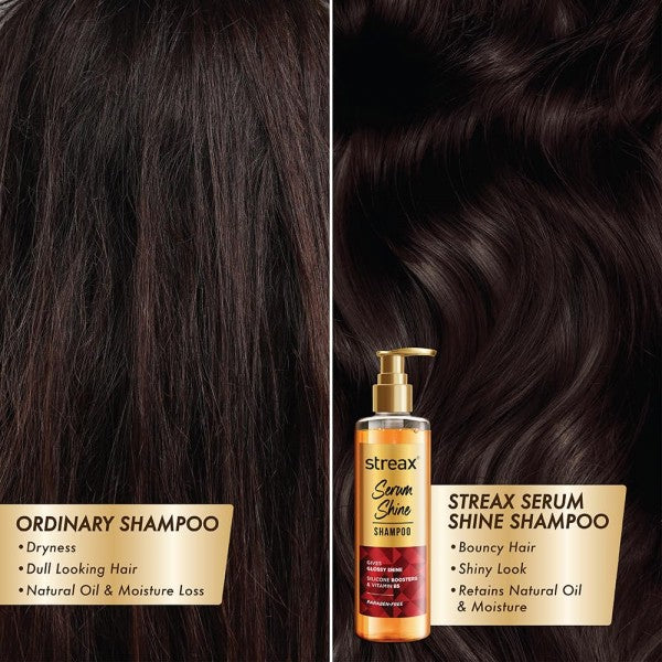Streax Serum Shine Shampoo, 240 ml for Frizzy and Dry Hair | Paraben-Free With Silicon Boosters & Vit B5 | Controls Frizz, for Smooth & Shiny Hair