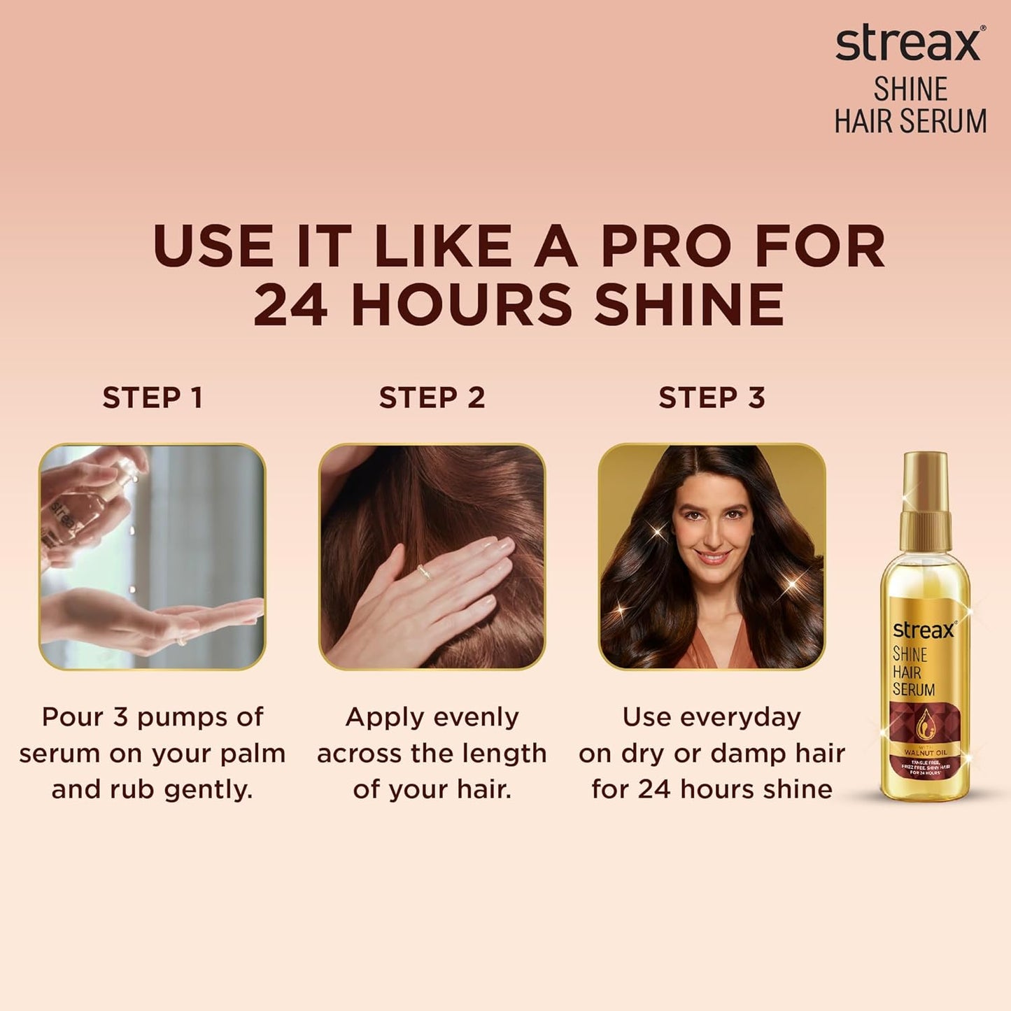 Streax Hair Colour Dark Brown 3 (120ml x 2) + Streax Walnut Hair Serum 90ml Combo | Long-Lasting Hair Color & Hair Smoothening Care