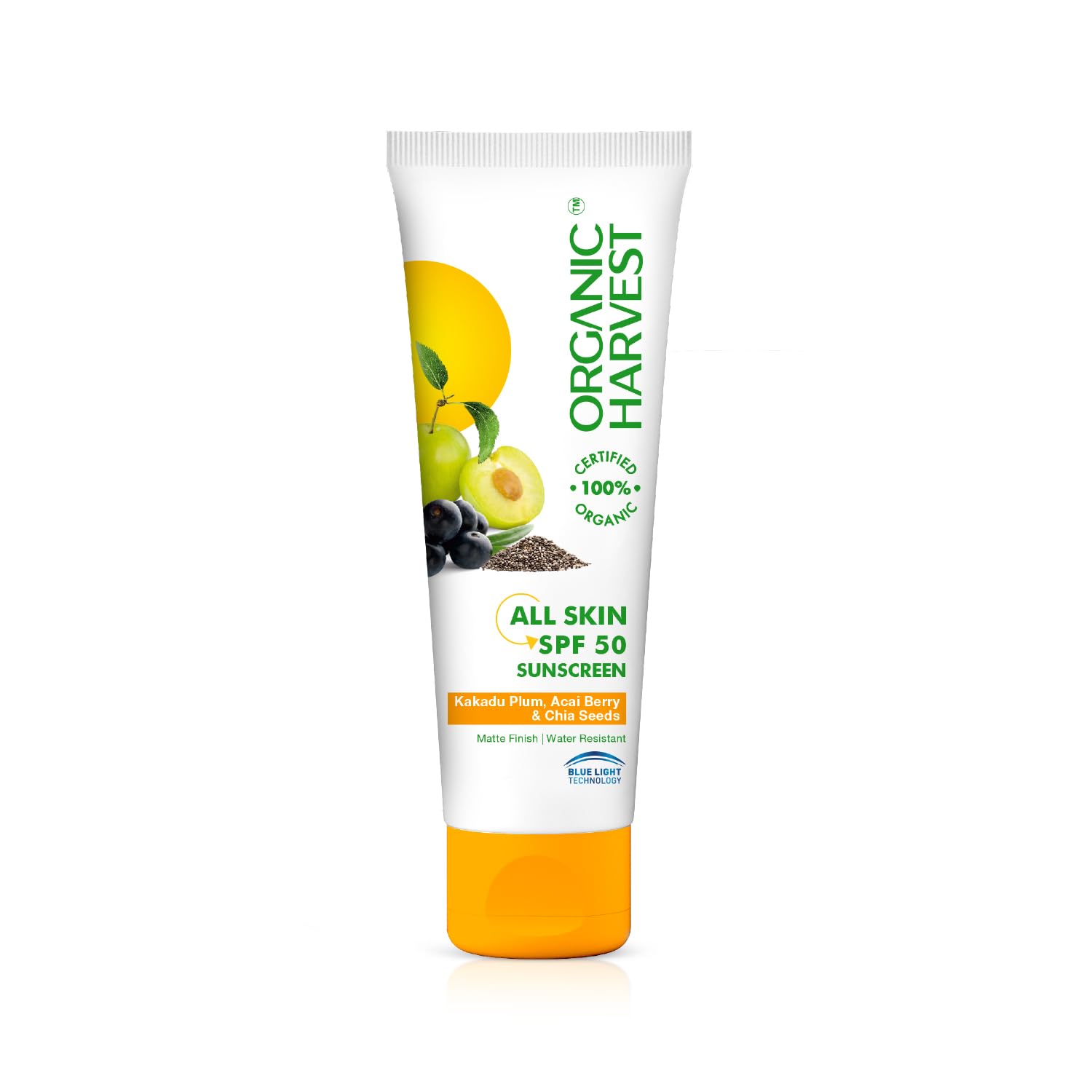 "Organic Harvest SPF 50 Sunscreen tube on a clean white background, 100g certified organic sunblock."