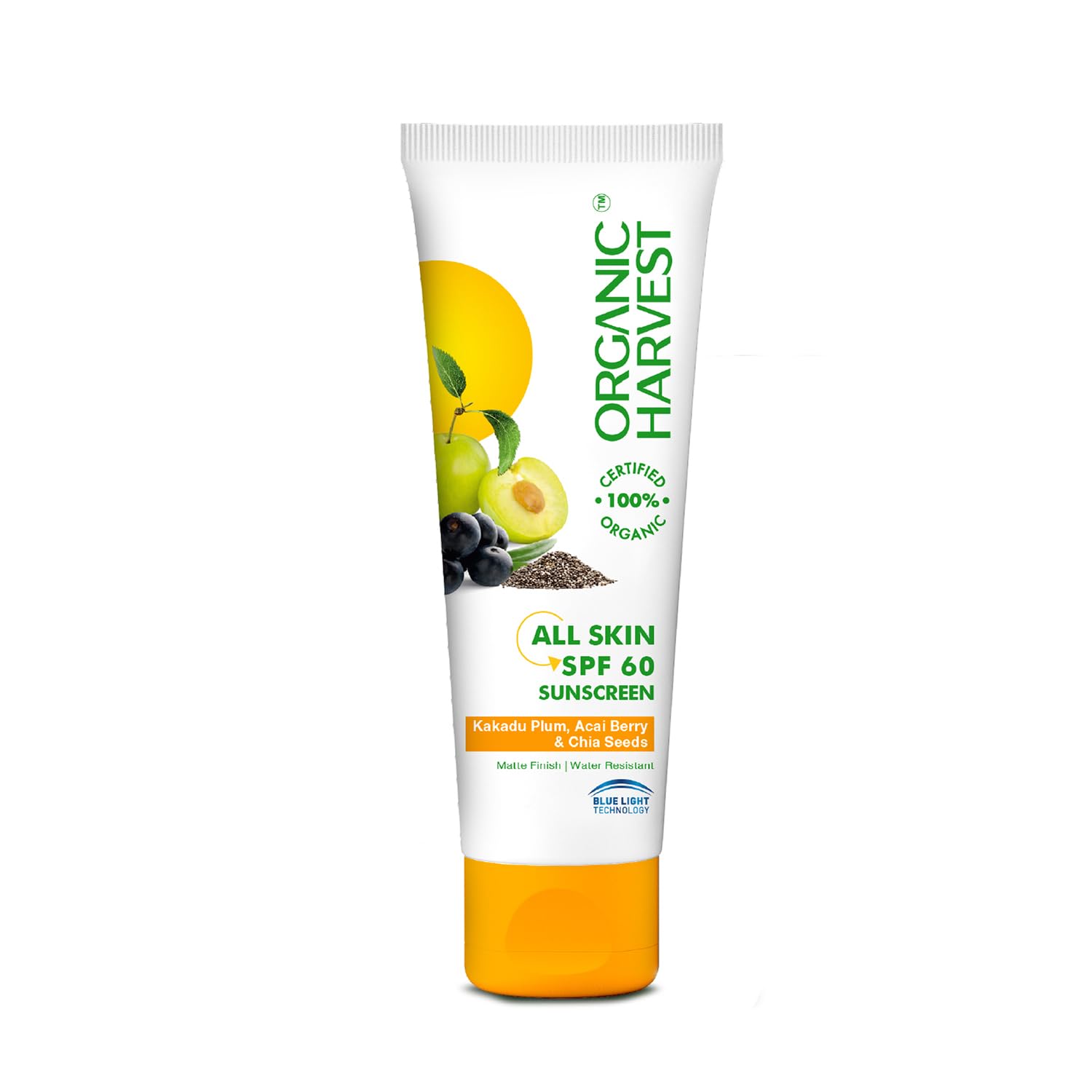 "Organic Harvest SPF 60 Sunscreen tube on a bright background" * "Texture shot of non-greasy Organic Harvest sunscreen"