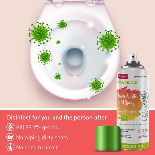 SIRONA,PEE BUDDY Toilet Seat Sanitizer Spray - 70 ml | Odour and Germs Eliminating Toilet Spray | Before & After Toilet Seat Sanitiser, Disinfectant & Deodoriser | Citrus Fragrance