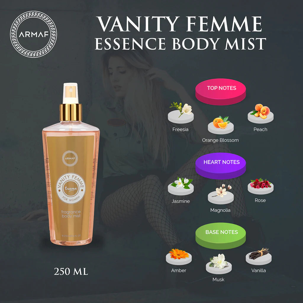 Armaf Vanity Femme Essence Body Mist for Women 250ml | Floral Fresh Long Lasting Perfume Mist | Daily Wear Fragrance