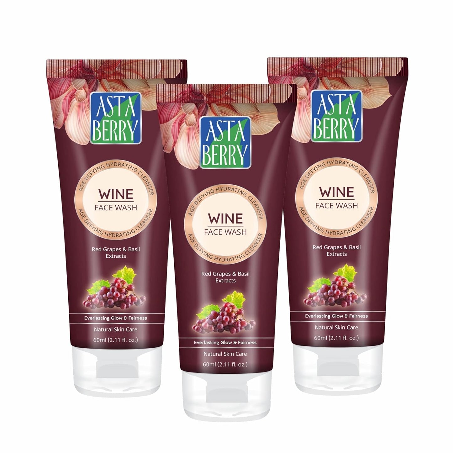 Astaberry Wine Face Wash for delay aging- Improves Skin Moisturisation & Elasticity Reduces Fine Lines | Replenishes Depleted Moisture- (Pack of 3 (60ml X 3)