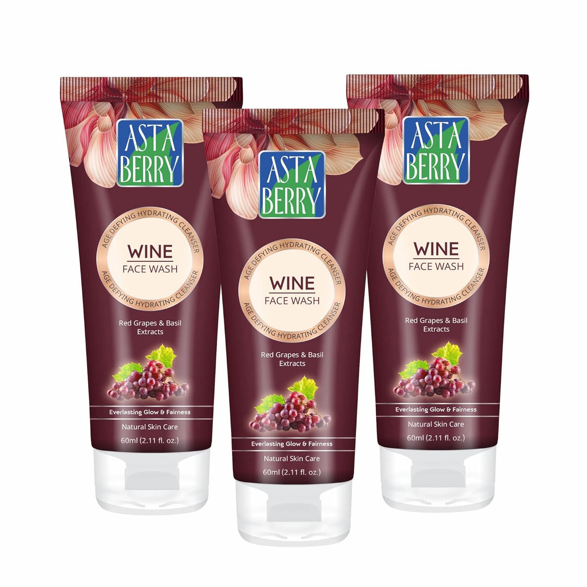 Astaberry Wine Face Wash for delay aging- Improves Skin Moisturisation & Elasticity Reduces Fine Lines | Replenishes Depleted Moisture- (Pack of 3 (60ml X 3)