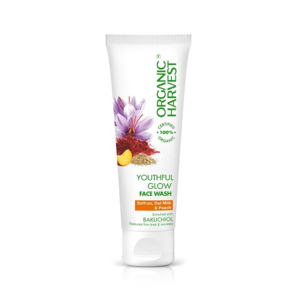 Organic Youthful Glow Face Wash: Saffron, Oat Milk & Peach | Anti-ageing Face Wash | Deeply Cleanses | Fades Blemishes & Scars | 100 GM